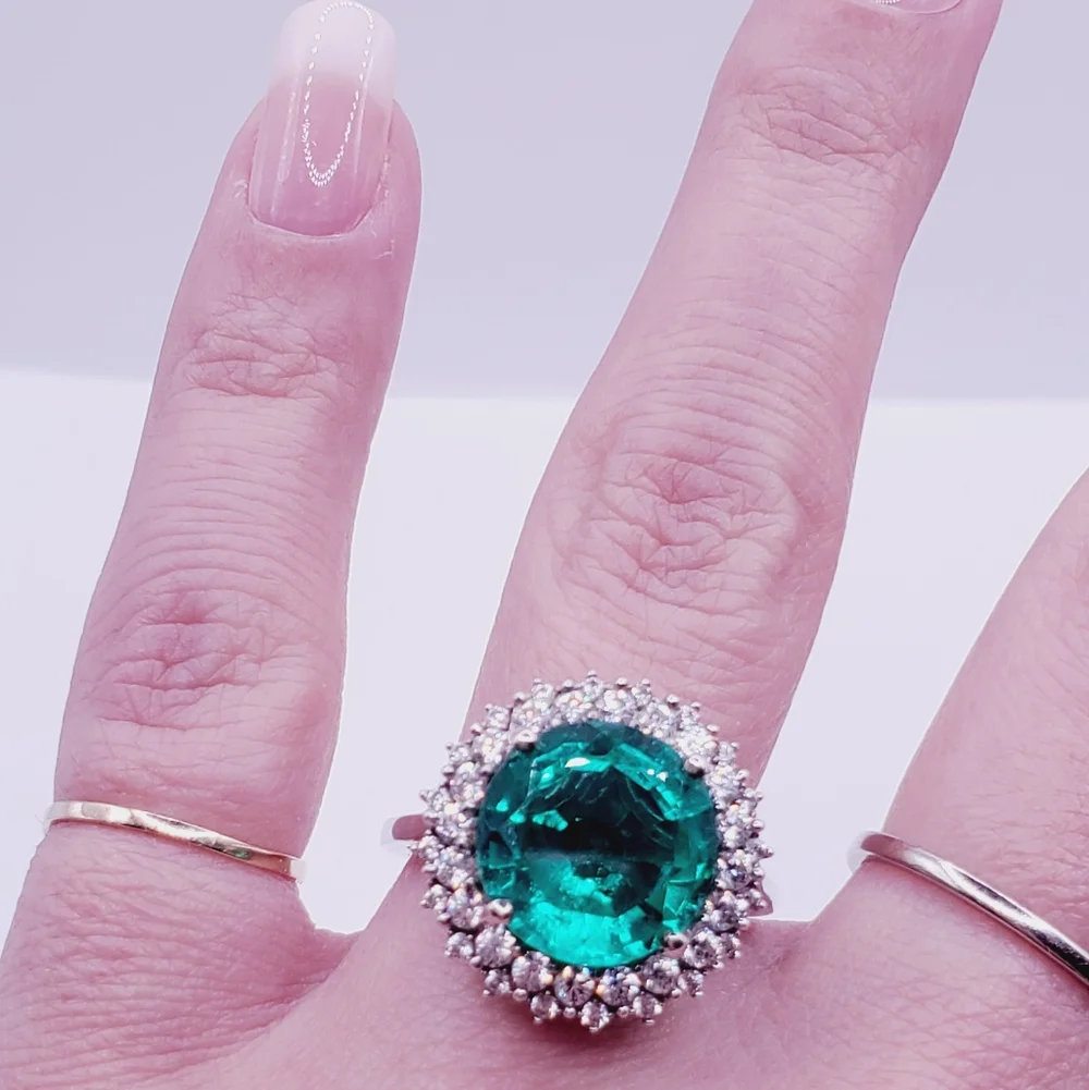 Emerald Green Quartz & White Zircon Halo Ring Platinum - 925 Sterling Silver